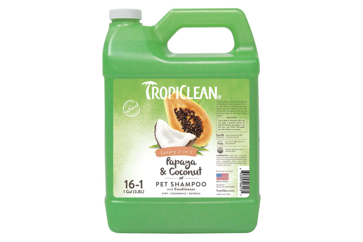 Обзор TropiClean Papaya & Coconut 3,8 л: концентрированный шампунь-кондиционер 2-в-1 для собак и кошек, разведение 1:16 — плюсы и минусы