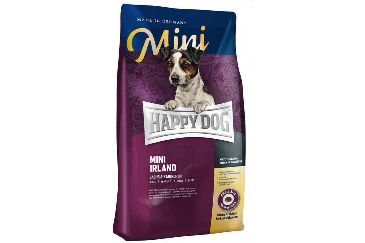 Обзор Happy Dog Mini Irland: корм с лососем и кроликом для чувствительных мини-собак — состав, плюсы и минусы