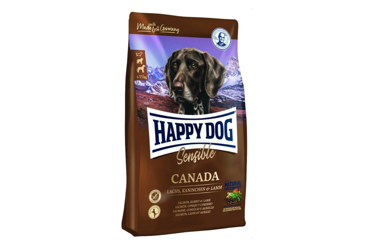 Обзор Happy Dog Supreme Sensible Canada 11 кг: беззерновой корм с лососем, кроликом и ягнёнком для чувствительных собак — плюсы и минусы