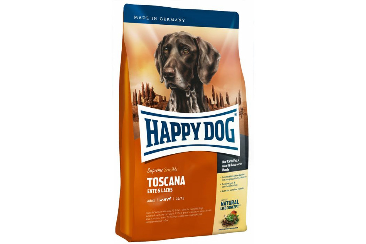 Обзор Happy Dog Supreme Sensible Toscana: корм с уткой и лососем для чувствительных и кастрированных собак — плюсы и минусы