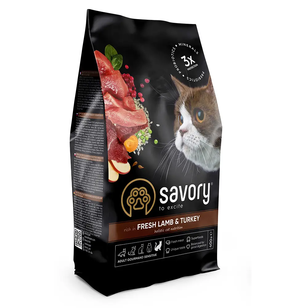 Обзор Savory Adult Gourmand Sensitive Cat с индейкой и ягнёнком 400 г: холистик-корм для кошек с чувствительным пищеварением — состав, плюсы и минусы
