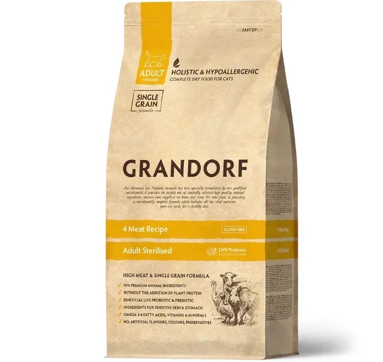 Обзор Grandorf Cat Sterilized 4 Meat 8 кг: корм для стерилизованных кошек с четырьмя видами мяса — плюсы и минусы
