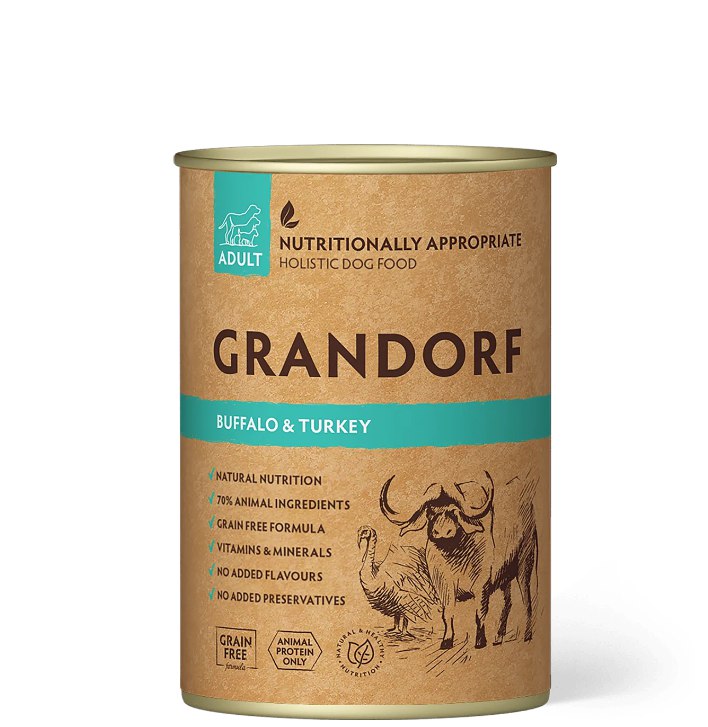 Обзор Grandorf Dog Wet Buffalo & Turkey 400 г: беззерновая консерва с буйволом и индейкой — плюсы и минусы