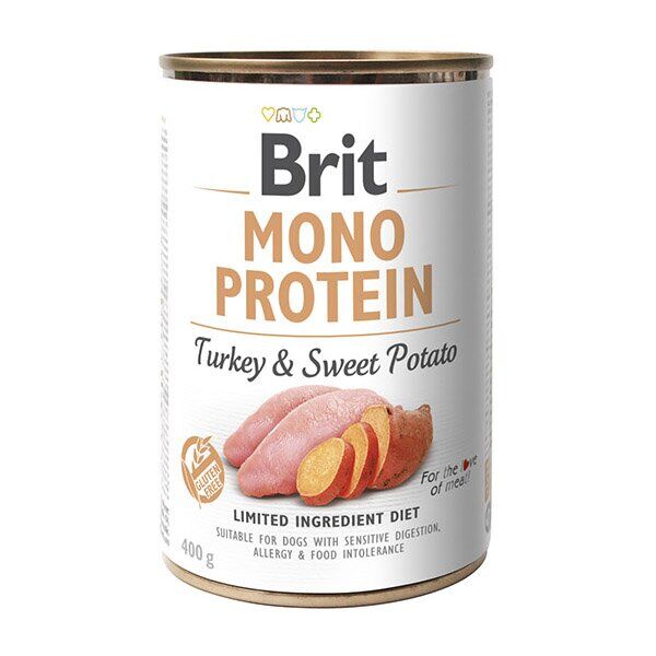 Обзор Brit Mono Protein Turkey & Sweet Potato 400 г: монопротеиновые консервы с индейкой для собак с аллергией — плюсы и минусы