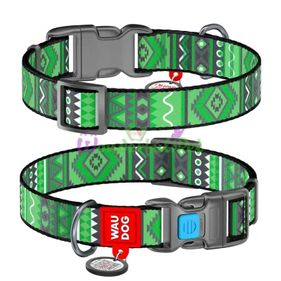 Ошейник Waudog Nylon с рисунком Этно зеленый ширина 25 мм, длина 35-58 см