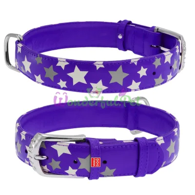 Ошейник Waudog Glamour с узором Звездочка, ширина 35 мм, длина 46-60 см, фиолетовый