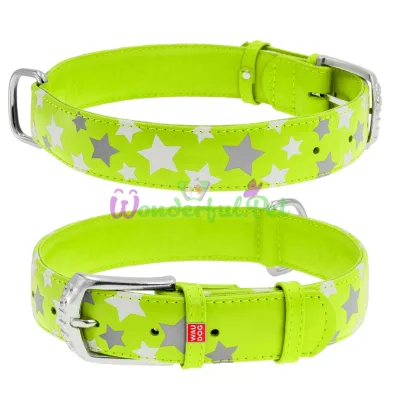 Ошейник Waudog Glamour с узором Звездочка, ширина 35 мм, длина 46-60 см, салатовый