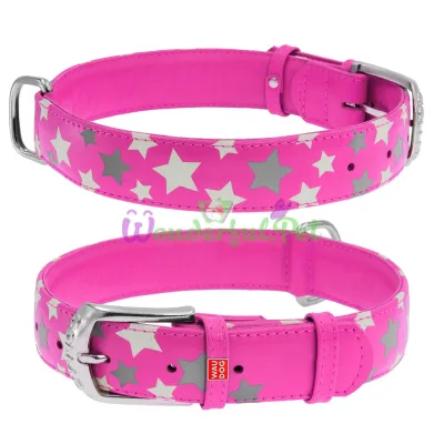 Ошейник Waudog Glamour с узором Звездочка, ширина 35 мм, длина 46-60 см, розовый