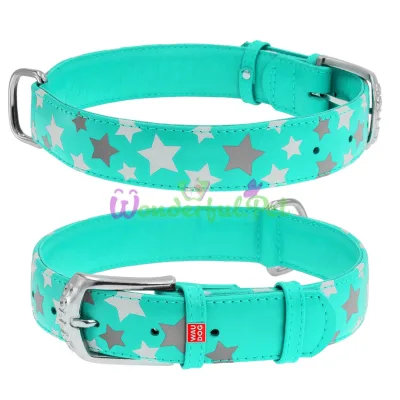 Ошейник Waudog Glamour с узором Звездочка, ширина 35 мм, длина 46-60 см, ментоловый