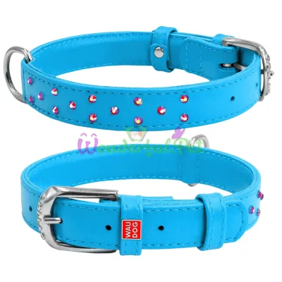 Waudog Glamour Collar with Glued Rhinestones, 20 mm wide, 30-39 cm, Blue