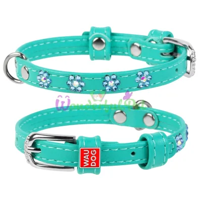 Ошейник Waudog Glamour с клеевыми стразами Цветочек, ширина 9 мм, длина 19-25 см, ментоловый