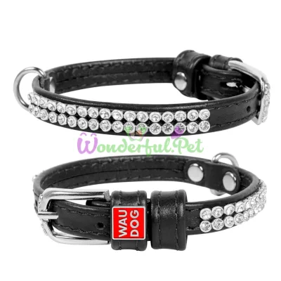 WAUDOG Glamour Leather Rhinestone Collar XS 9mm 18-21cm Black