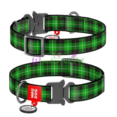 Ошейник WAUDOG Nylon с QR паспортом, рисунок Шотландка зеленая, металлическая пряжка-фастекс 15 мм 23-35 см Нейлон Разноцветный