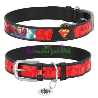 Ошейник WAUDOG Design с QR паспортом, рисунок Cупермен1 L 35 мм 46-60 см кожа черный