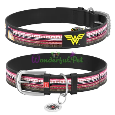 Ошейник WAUDOG Design с QR паспортом, рисунок Чудо-женщина М 25 мм 38-49 см кожа черный