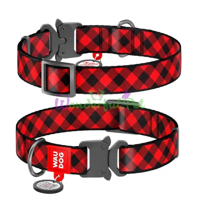 Ошейник WAUDOG Nylon с QR паспортом, рисунок Шотландка красная, металлическая пряжка-фастекс M 25 мм 31-49 см Нейлон Разноцветный