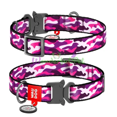 Ошейник WAUDOG Nylon с QR паспортом, рисунок Розовый камо, металлическая пряжка-фастекс L 25 мм 35-58 см Нейлон Разноцветный
