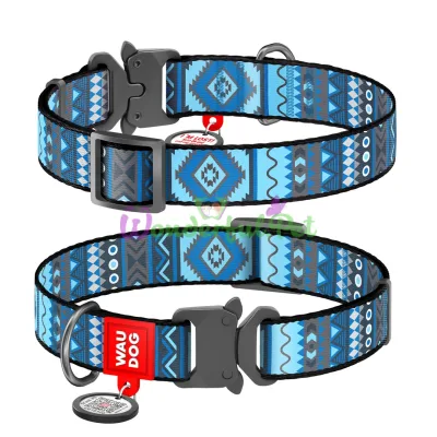 Ошейник WAUDOG Nylon с QR паспортом, рисунок Этно синий, металлическая пряжка-фастекс 20 мм 24-40 см Нейлон Синий