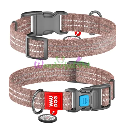 Ошейник WAUDOG Re-cotton c QR паспортом, пластиковая пряжка M 25 мм 31-49 см Восстановленный хлопок Коричневый