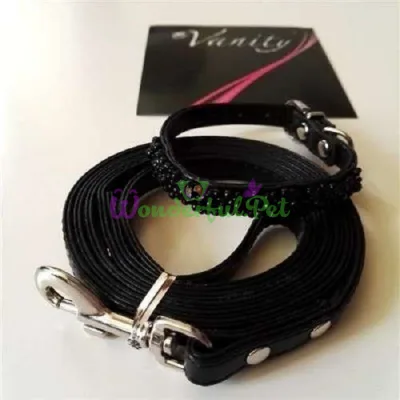 Набор ошейник + поводок VANITY PEARLS, черный, шкирозаминник, SM