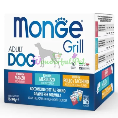 MONGE DOG GRILL MIX Turkey Cod Chicken Beef Wet Food 12 x 100 g