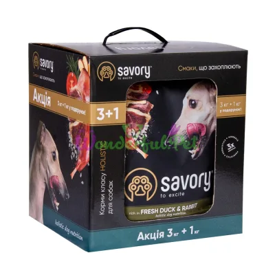 Сухой корм Savory Adult All Breeds rich in Fresh Duck Rabbit 3 кг + 1 кг