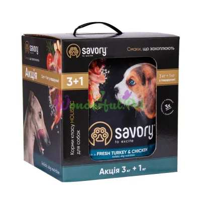 Сухой корм Savory Puppy rich in Fresh Turkey Chicken 3 кг + 1 кг
