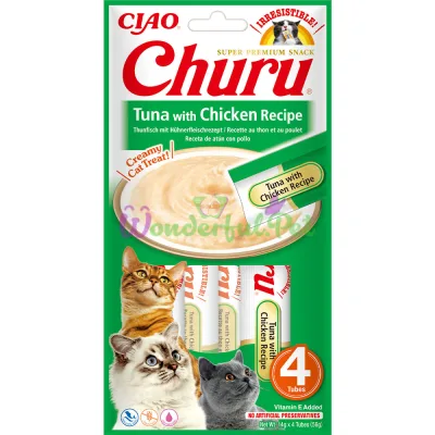 Ласощі INABA Churu для котів, вершковий мус у стіках, тунець і курка 4x14 г