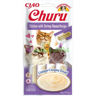 Ласощі INABA Churu для котів, вершковий мус у стіках, курка креветка 4x14 г (12 шт/уп) (48 шт у ящ.)