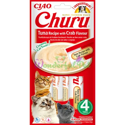 Ласощі INABA Churu для котів, вершковий мус у стіках, тунець краб 4x14 г (12 шт/уп) (48 шт у ящ.)