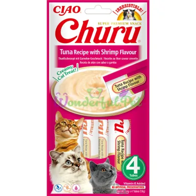 Ласощі INABA Churu для котів, вершковий мус у стіках, тунець креветка 4x14 г (12 шт/уп) (48 шт у ящ.)
