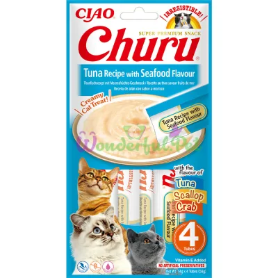 Ласощі INABA Churu для котів, вершковий мус у стіках, тунець і морепродукти 4×14 г