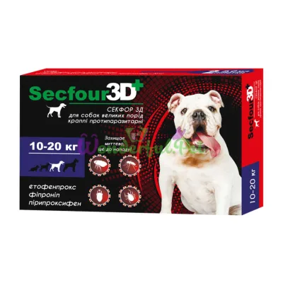 Secfour 3D Spot-On Drops for Dogs 2 ml, 10-20 kg, 2 pipettes, pack of 10 (etofenprox, fipronil, pyriproxyfen), flea and tick protection up to 4 weeks