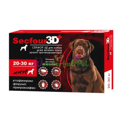 Secfour 3D Spot-On Drops for Dogs 3 ml, 20-30 kg, 2 pipettes, pack of 10 (etofenprox, fipronil, pyriproxyfen), flea and tick protection up to 4 weeks