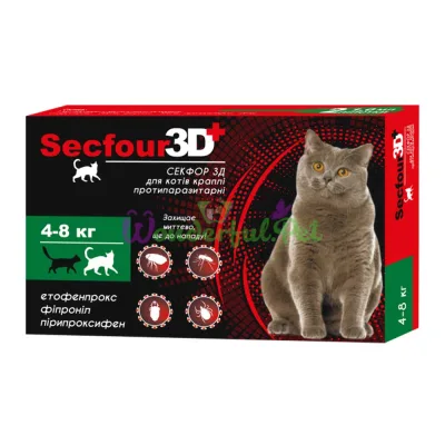 Краплі Secfour 3D для котів 1 мл, 4-8 кг, 2 піп. уп. 10 шт (етофенпрокс, фіпроніл, пірипроксифен), захист від бліх і кліщів 4 тижні