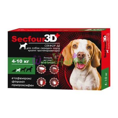 Secfour 3D Spot-On Drops for Dogs 1 ml, 4-10 kg, 2 pipettes, pack of 10 (etofenprox, fipronil, pyriproxyfen), flea and tick protection up to 4 weeks