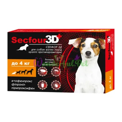 Secfour 3D Spot-On Drops for Dogs 0.5 ml, up to 4 kg, 2 pipettes, pack of 10 (etofenprox, fipronil, pyriproxyfen), flea and tick protection up to 4 weeks