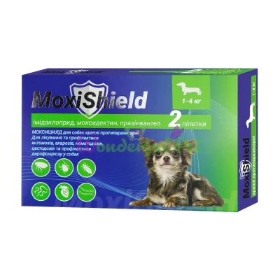 Краплі MoxiShield для собак протипаразитарні 1-4 кг 0,6 мл, 2 піп. уп. (імідаклоприд, моксидектин, празиквантел), 4 тижні (10 шт в уп.)