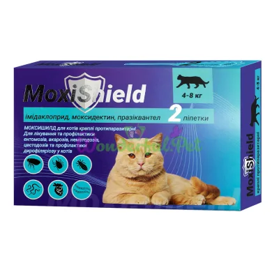 Капли MoxiShield для кошек протипаразит. 4-8 кг 0,8 мл,2 пип уп (имидаклоприд,моксидектин,празиквантел) 4 тиж. (10шт уп)