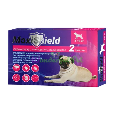 MoxiShield Antiparasitic Spot-On Drops for Dogs 4-10 kg, 1.2 ml, 2 pipettes per pack (imidacloprid, moxidectin, praziquantel), 4 weeks (10 packs)