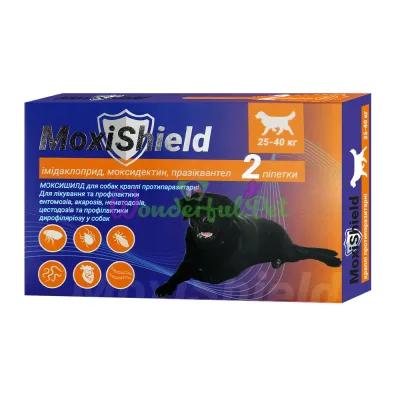 Капли MoxiShield для собак протипаразит.25-40кг 4,5 мл,2 пип уп (имидаклоприд,моксидектин,празиквантел) 4 тиж. (10шт уп)