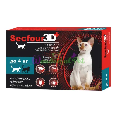 Secfour 3D Spot-On Drops for Cats up to 4 kg, 0.5 ml, 2 Pipettes (Etofenprox, Fipronil, Pyriproxyfen), 4-Week Flea & Tick Protection
