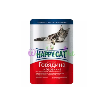 Влажный корм Happy Cat Rind Lamm in Sosse для взрослых кошек кусочки в соусе с говядиной и бараниной 100 г