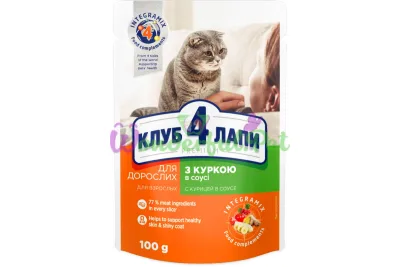 Влажный корм Клуб 4 Лапы Adult Premium для взрослых кошек с курицей в соусе 100 г