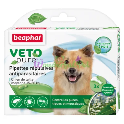 БИО Капли от блох и клещей Beaphar Veto pure для собак 15-30 кг цена за упаковку 3 шт