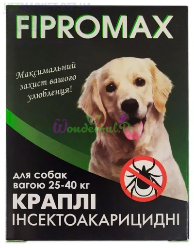 Краплі FIPROMAX для середніх собак вагою 25-40 кг, 4,0 мл, 2 піпетки (фіпроніл, пірипроксифен), захист від бліх і кліщів до 4 тижнів