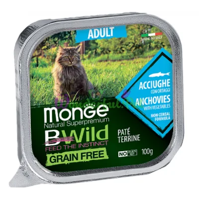 MONGE BWILD WET CAT Adult Anchovies Vegetables Grain-Free Pâté 100 g